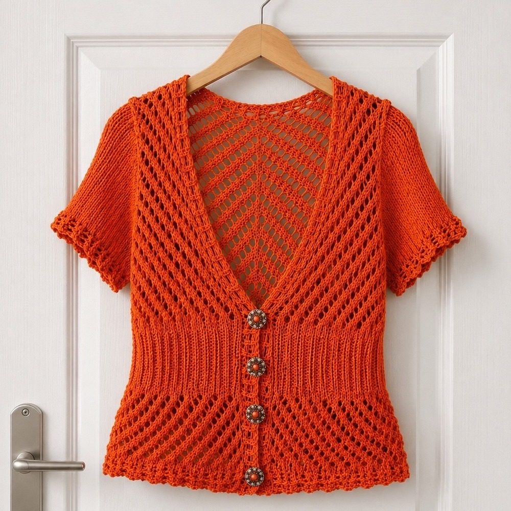 Handmade Crochet Knit Cardigan Top Burnt Orange V-Neck Ornate Buttons Boho S